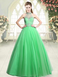 A-line Prom Dresses Green Halter Top Tulle Sleeveless Floor Length Zipper