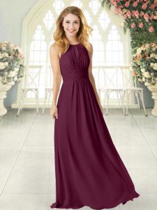Attractive Burgundy Sleeveless Floor Length Ruching Zipper Homecoming Dress