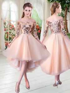 Customized Off The Shoulder 3 4 Length Sleeve Prom Dresses High Low Sequins Peach Tulle