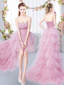 Sophisticated Pink Lace Up Dama Dress Beading and Ruffles Sleeveless High Low