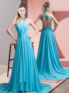 Aqua Blue Backless Halter Top Beading and Ruching Prom Evening Gown Chiffon Sleeveless Sweep Train