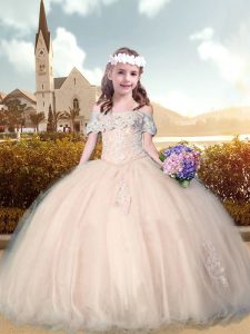 Graceful Champagne Off The Shoulder Neckline Beading and Appliques Pageant Gowns Short Sleeves Lace Up