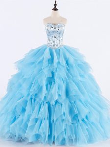 Latest Floor Length Lace Up 15 Quinceanera Dress Baby Blue for Military Ball and Sweet 16 and Quinceanera with Beading a