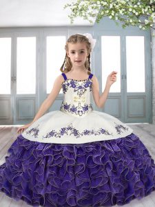 Stylish Organza Straps Sleeveless Lace Up Beading and Ruffles Girls Pageant Dresses in Purple