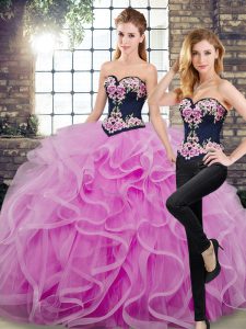 Graceful Tulle Sweetheart Sleeveless Sweep Train Lace Up Embroidery and Ruffles Quinceanera Gowns in Lilac