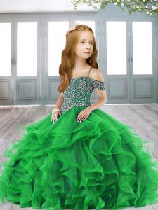 Wonderful Tulle Lace Up Off The Shoulder Cap Sleeves Glitz Pageant Dress Brush Train Beading and Ruffles