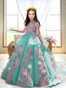 Turquoise Little Girl Pageant Dress High-neck Sleeveless Court Train Backless