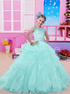 Aqua Blue Ball Gowns Beading and Ruffles Pageant Dress for Girls Lace Up Organza Sleeveless