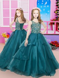 Teal Organza Lace Up Scoop Sleeveless Child Pageant Dress Sweep Train Beading