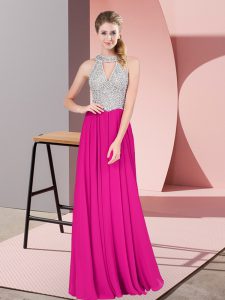 Fuchsia Sleeveless Floor Length Beading Zipper Prom Dresses