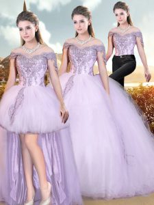 Attractive Floor Length Ball Gowns Cap Sleeves Lavender 15th Birthday Dress Lace Up