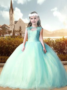 Aqua Blue Lace Up Scoop Beading and Appliques Girls Pageant Dresses Tulle Sleeveless