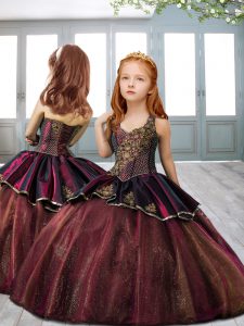 Custom Made Burgundy Lace Up Little Girls Pageant Dress Wholesale Beading and Appliques Sleeveless Floor Length
