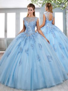 Light Blue Sleeveless Beading and Appliques Lace Up Ball Gown Prom Dress