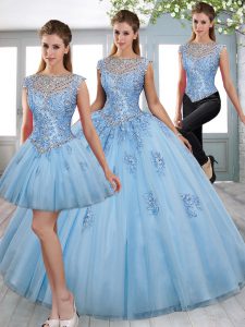 Vintage Blue Lace Up High-neck Beading and Appliques Sweet 16 Quinceanera Dress Tulle Sleeveless Sweep Train