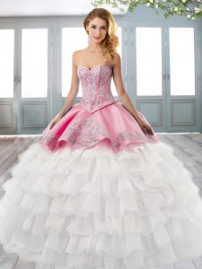 Gorgeous Pink And White Lace Up Quinceanera Dresses Beading and Lace Sleeveless Court Train