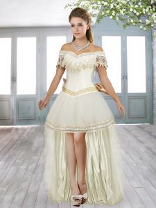 Perfect White Cap Sleeves Beading and Lace High Low Dress for Prom