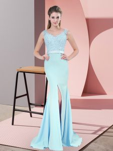 Deluxe Zipper Prom Gown Blue for Prom and Party and Military Ball with Beading and Lace Sweep Train