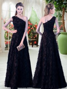 Black Evening Dress Prom and Party with Appliques One Shoulder Sleeveless Zipper