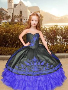 Nice Blue And Black Lace Up Sweetheart Embroidery and Ruffles Little Girl Pageant Dress Organza Sleeveless