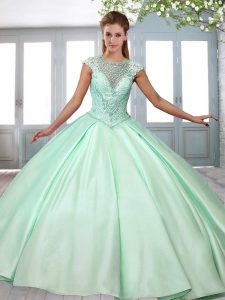 Apple Green Cap Sleeves Satin Sweep Train Lace Up 15 Quinceanera Dress for Military Ball and Sweet 16 and Quinceanera