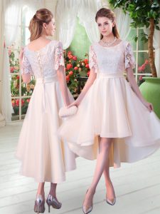 A-line Prom Dress Champagne Scoop Tulle Short Sleeves High Low Lace Up