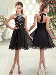 Designer Mini Length Black Evening Dress Halter Top Sleeveless Lace Up