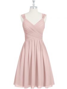 Pink A-line Chiffon Straps Sleeveless Ruching Mini Length Lace Up Prom Dress