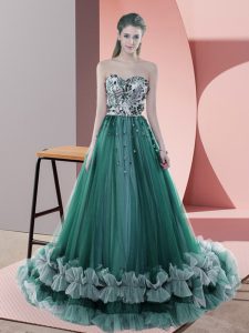 Flare Tulle Sweetheart Sleeveless Sweep Train Lace Up Beading Homecoming Dress in Dark Green