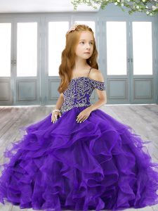 Ball Gowns Pageant Dress Dark Purple Off The Shoulder Tulle Cap Sleeves Floor Length Lace Up