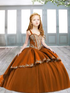Brown Ball Gowns Embroidery Pageant Dresses Lace Up Satin Sleeveless