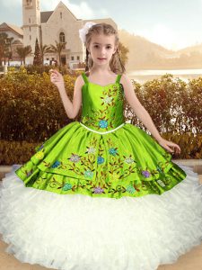 Cute Green Lace Up Little Girls Pageant Dress Embroidery and Ruffles Sleeveless Floor Length