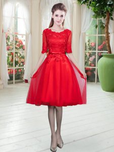 Lace Evening Dress Red Lace Up Half Sleeves Knee Length