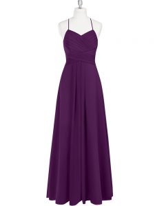 Vintage Eggplant Purple Chiffon Zipper Homecoming Dress Sleeveless Floor Length Ruching