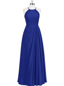 Delicate Royal Blue Column/Sheath Chiffon Halter Top Sleeveless Ruching Floor Length Zipper Prom Gown