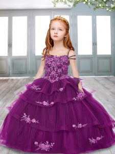 Enchanting Floor Length Purple Pageant Dress Womens Tulle Sleeveless Appliques