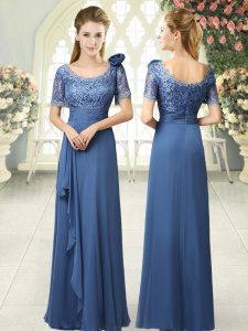 Blue Scoop Neckline Beading and Ruching Prom Evening Gown Short Sleeves Zipper