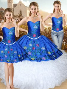 Delicate Blue Sleeveless Floor Length Embroidery Lace Up Quince Ball Gowns