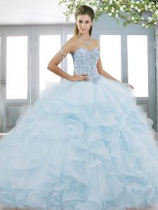 Floor Length Ball Gowns Sleeveless Light Blue Quince Ball Gowns Lace Up