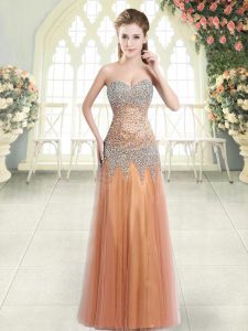 Orange Column/Sheath Sweetheart Sleeveless Tulle Floor Length Zipper Beading Evening Dress