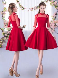 Red A-line High-neck Half Sleeves Satin Knee Length Zipper Ruching Dama Dress for Quinceanera