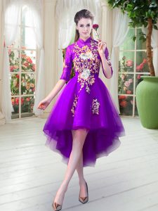 High-neck Half Sleeves Tulle Dress for Prom Appliques Zipper