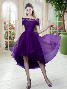 Beauteous Tulle Off The Shoulder Short Sleeves Lace Up Lace Dress for Prom in Purple