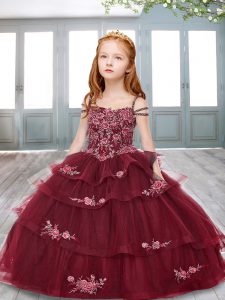 Cute Appliques Pageant Dress for Teens Red Lace Up Sleeveless Floor Length