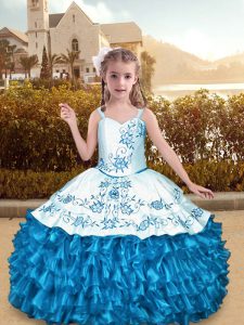 Straps Sleeveless Little Girls Pageant Dress Wholesale Floor Length Embroidery and Ruffles Blue And White
