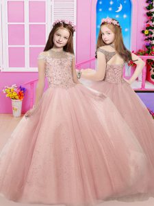 Pink Sleeveless Floor Length Beading Lace Up Kids Pageant Dress