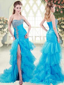 Ideal Sleeveless Brush Train Lace Up Beading and Ruffled Layers Prom Party Dress