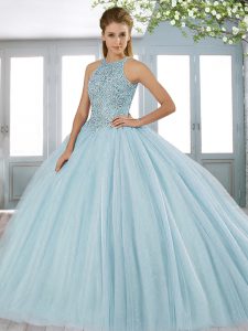 Glittering Light Blue Sweet 16 Dresses Military Ball and Sweet 16 and Quinceanera with Beading Halter Top Sleeveless Swe