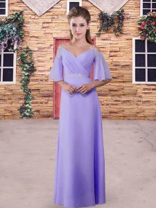 Lavender Zipper Quinceanera Court Dresses Lace Half Sleeves Floor Length