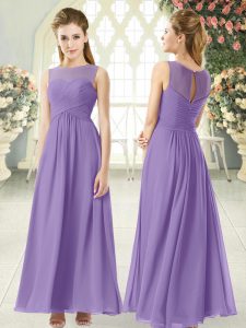 Latest Scoop Sleeveless Prom Gown Ankle Length Ruching Lavender Chiffon